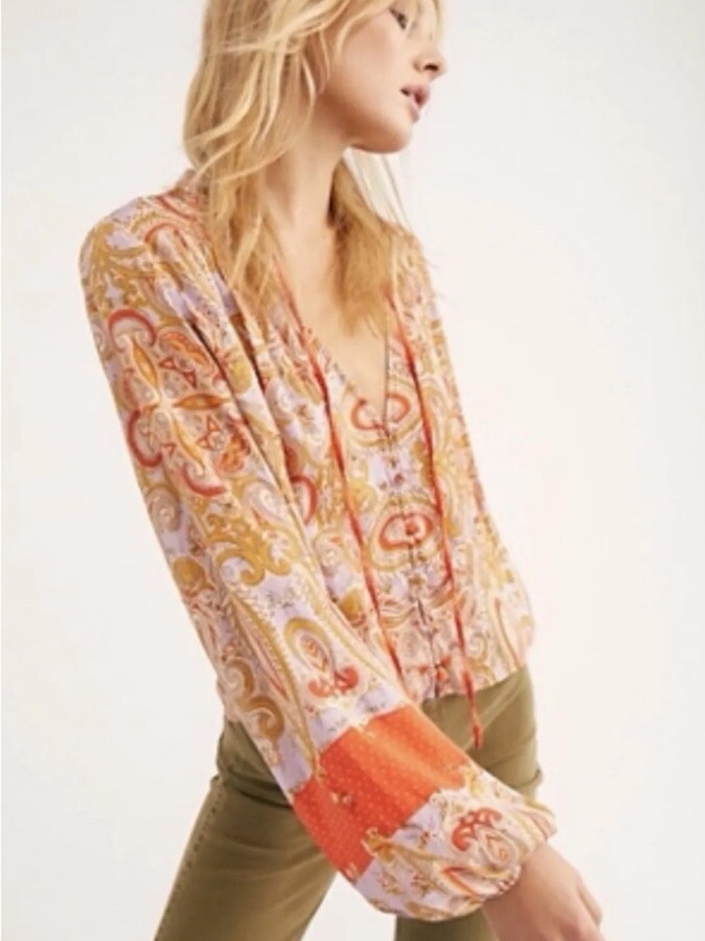 Free People Paisley V-Neck Long Sleeve Blouse in Orange & Pink